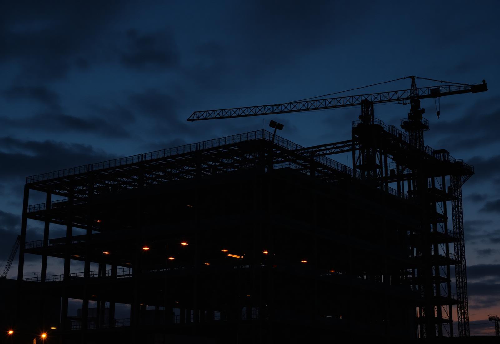 Commercial building under construction at dusk